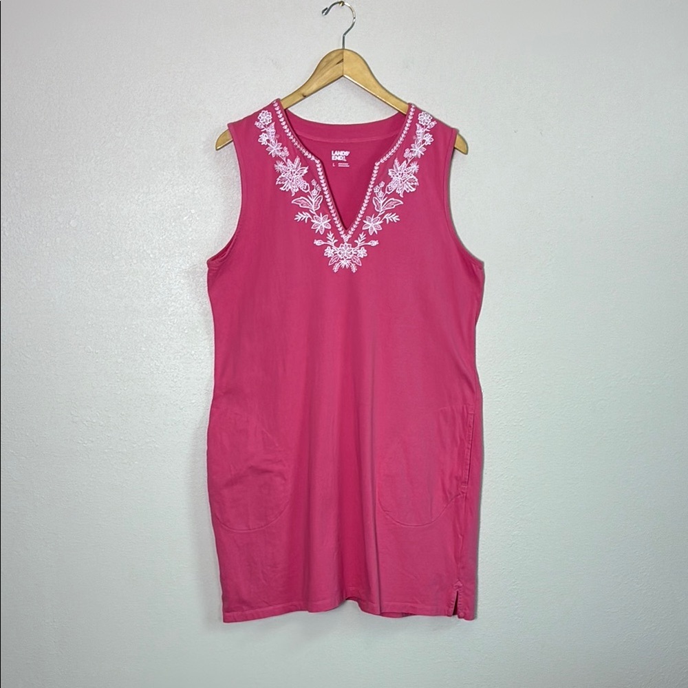 LANDS'‎ END Women Large Pink Cotton Embroidered Sleeveless Swim Cover-up Dress